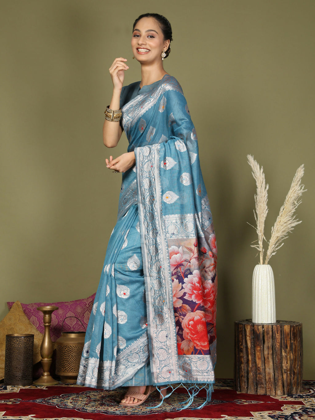 Shree Shyam Fashion Linen Cotton Sky Blue Saree - Distacart