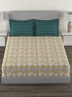 MYTRIDENT Mustard White Floral Cotton 144 TC Queen Bedsheet With 2 Pillow Covers