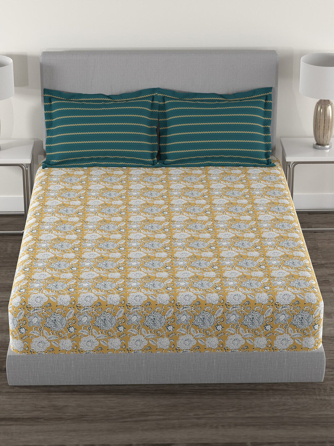 MYTRIDENT Mustard White Floral Cotton 144 TC Queen Bedsheet With 2 Pillow Covers