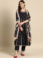 Sangria Women Embroidered Mirror Work Pure Cotton Kurta with Trousers & With Dupatta