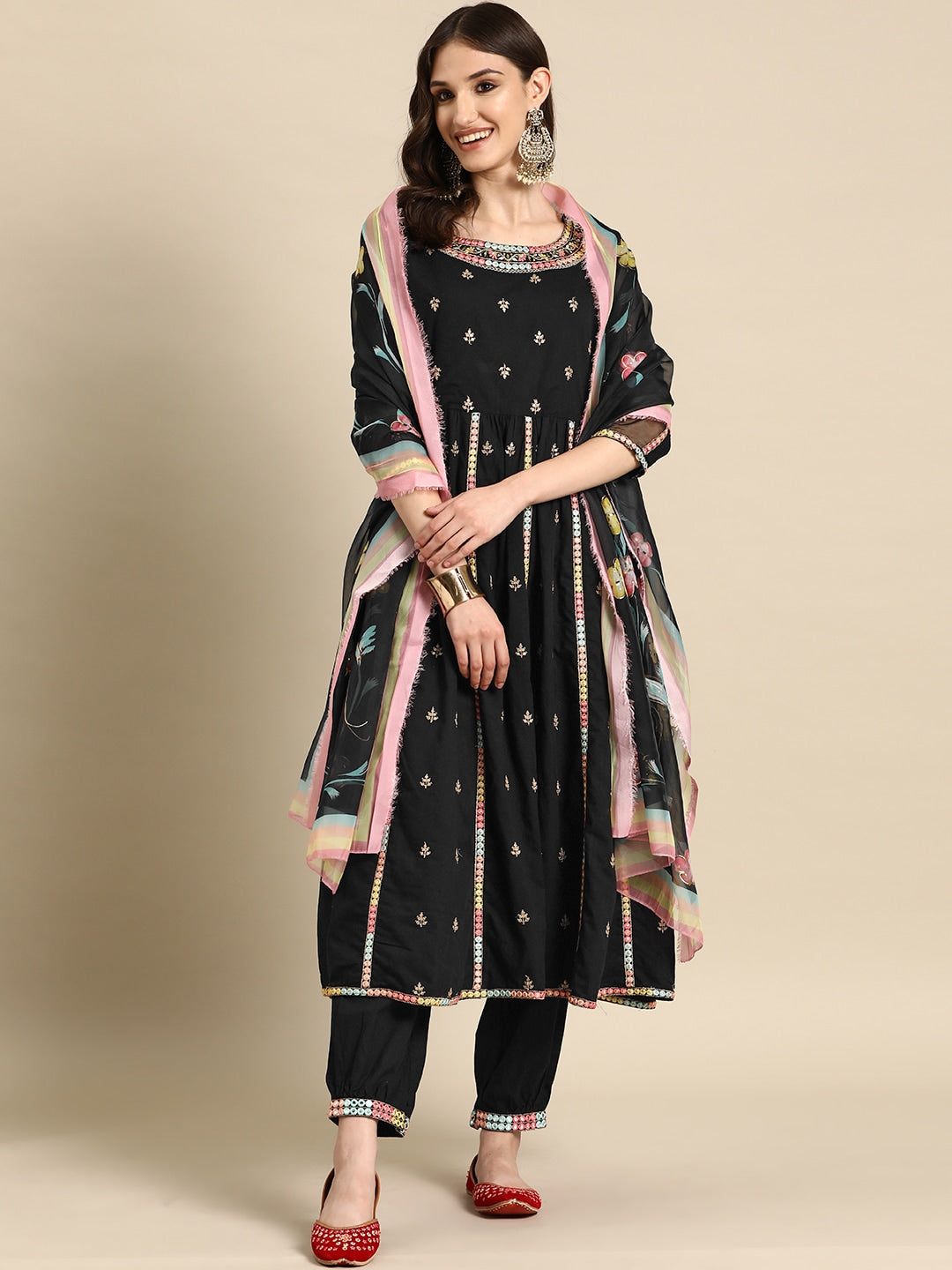 Sangria Women Embroidered Mirror Work Pure Cotton Kurta with Trousers & With Dupatta