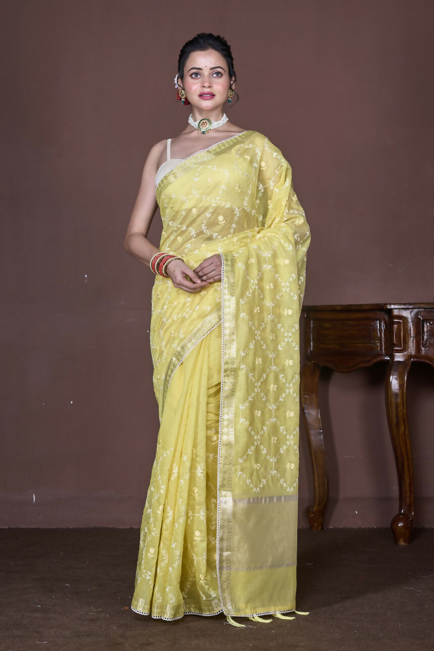 Morchari Yellow Cotton Chanderi Embroidery Saree Unstitched Blouse - Distacart