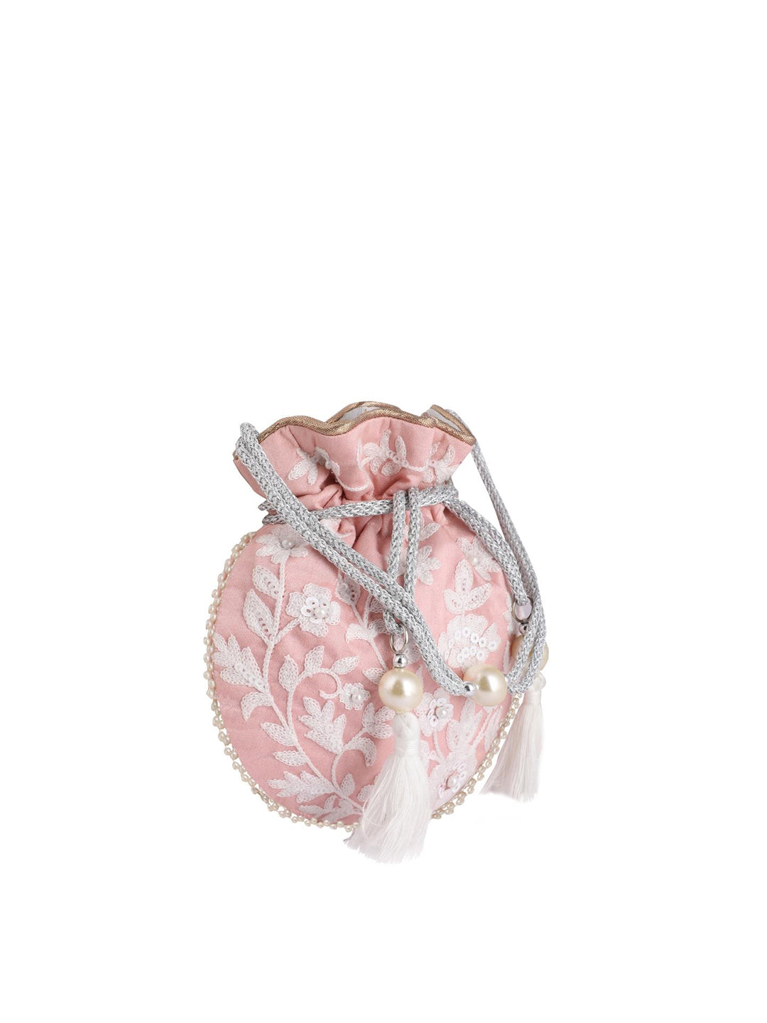 Masq Pink & White Embellished Embroidered Potli Clutch - Distacart