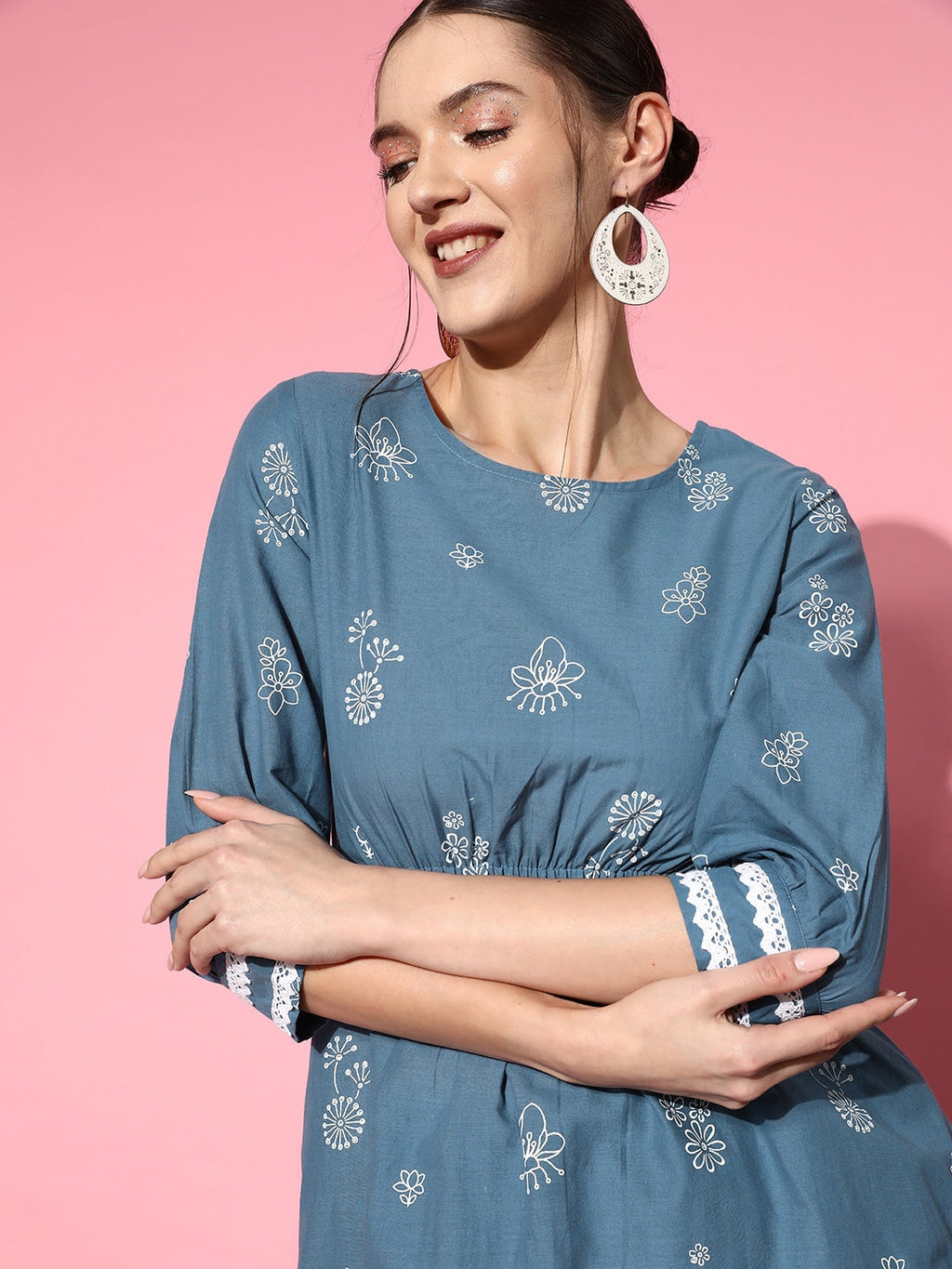 Sangria Women Blue Ethnic Motifs Printed Empire Pure Cotton Kurta with Palazzos
