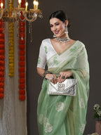 Saree Mall Olive Green & White Paisley Embroidered Organza Banarasi Sarees - Distacart