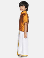 Sethukrishna Boys Mustard Brown & White Solid Shirt and Veshti Set