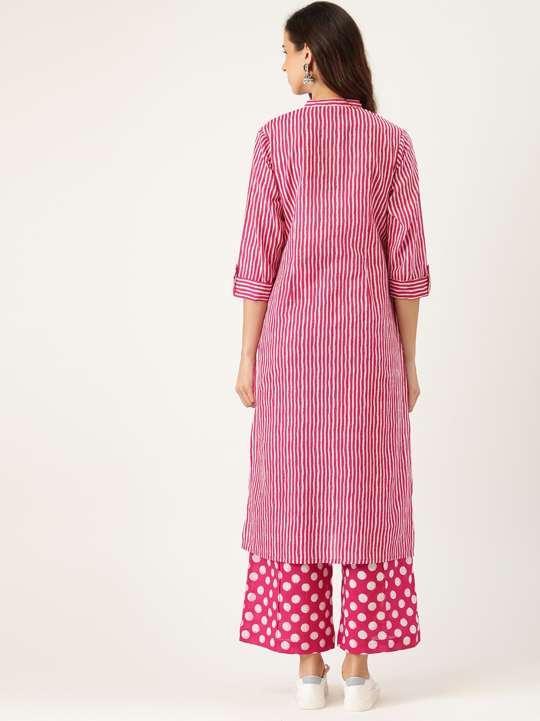 Sangria Women Pink Striped Pure Cotton Kurta with Palazzos
