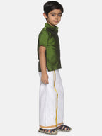 Sethukrishna Boys Olive Green & White Shirt And Veshti Set