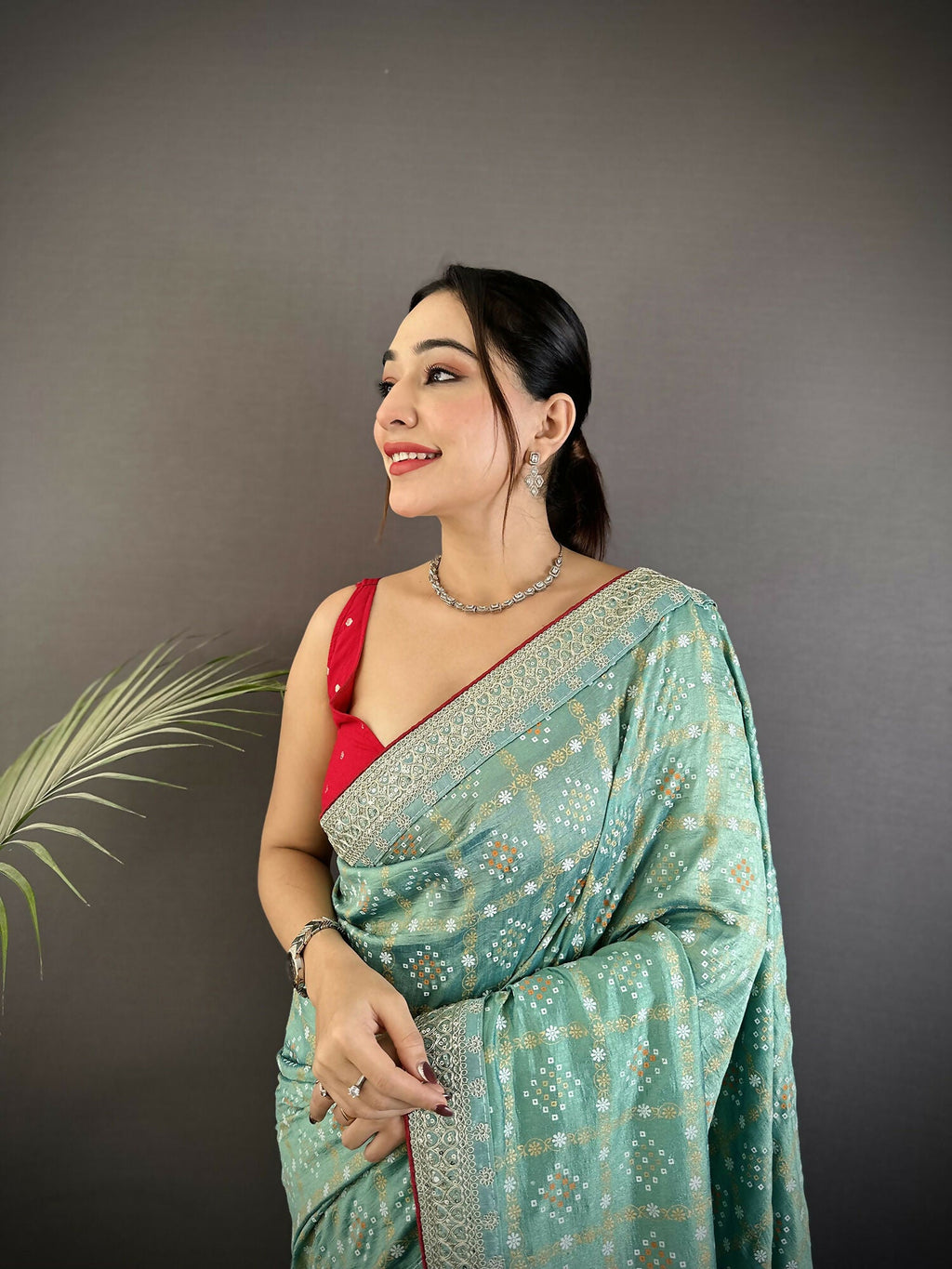 Joban Fashion Sea Green Bandhej Bandhani Vichitra Silk Bandhani Prints Saree - Distacart