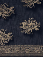 Saree Mall Navy Blue Floral Linen Blend Banarasi Saree - Distacart