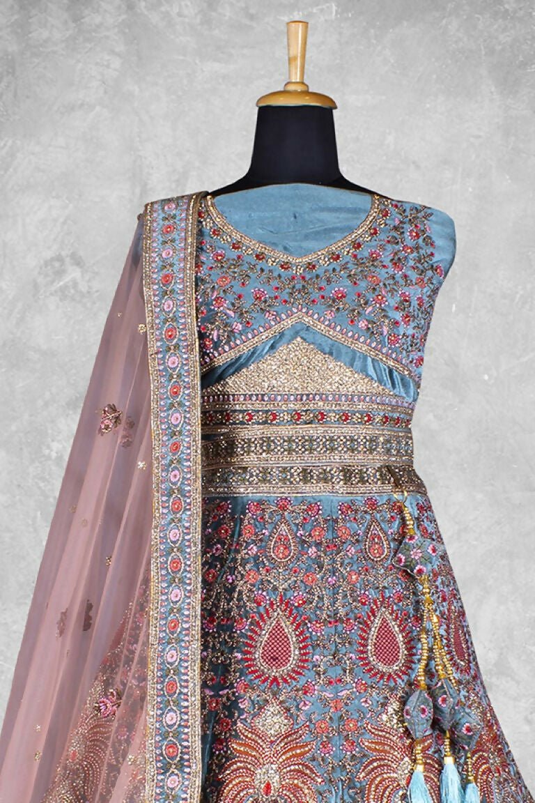 Aqua Blue Velvet Thread with Hand Work Semi Stitched Lehenga Choli with Dupatta - Nimaya Lagnotsav