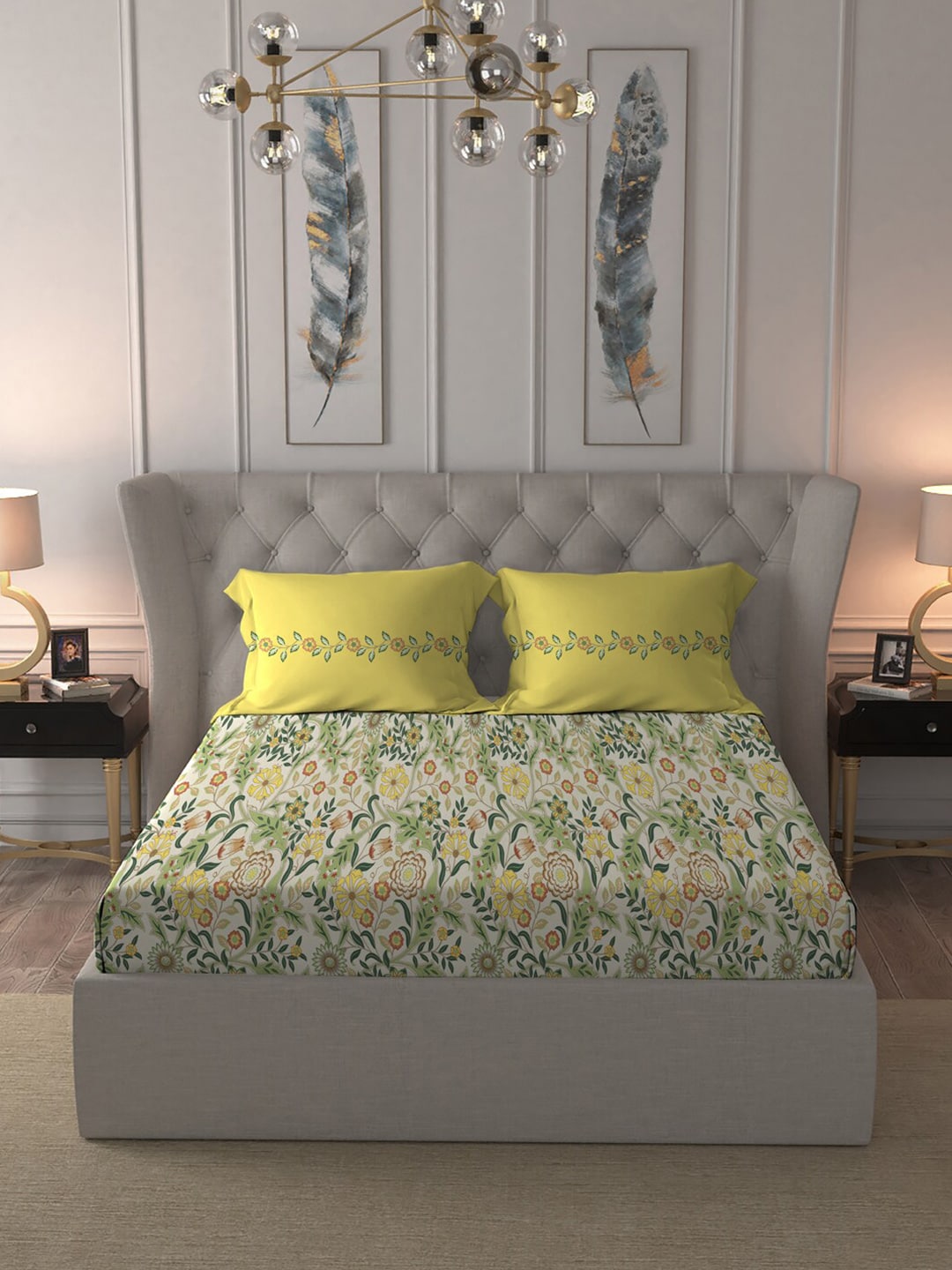 MYTRIDENT Beige White Floral Pure Cotton 144 TC Queen Bedsheet With 2 Pillow Covers - Distacart