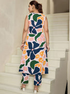 Indo Era Floral Printed V-Neck Sleeveless Pure Cotton A-Line Kurta With Trousers - Distacart
