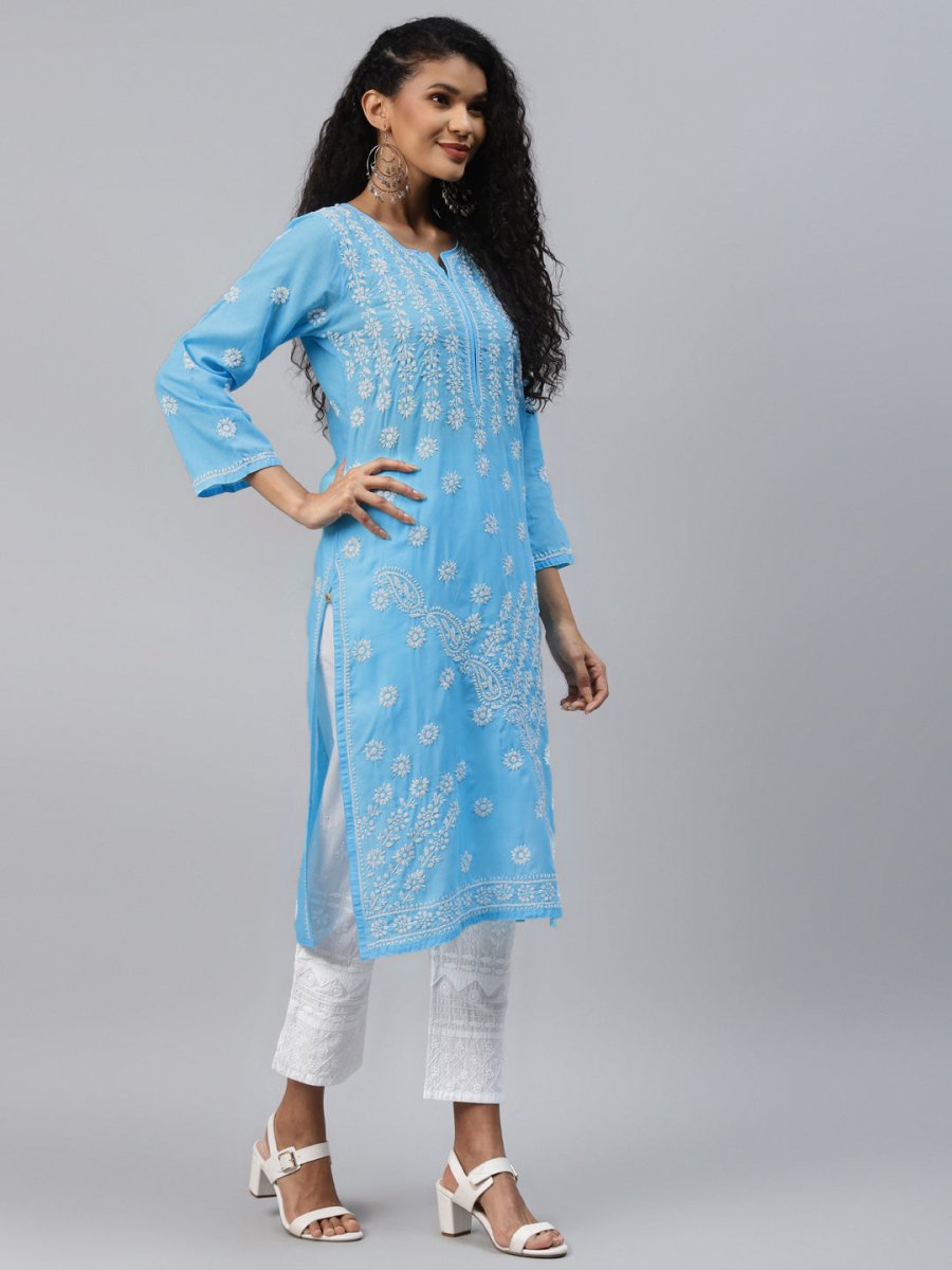 ADA Women Blue & White Ethnic Motifs Hand Embroidered Chikankari Handloom Kurta