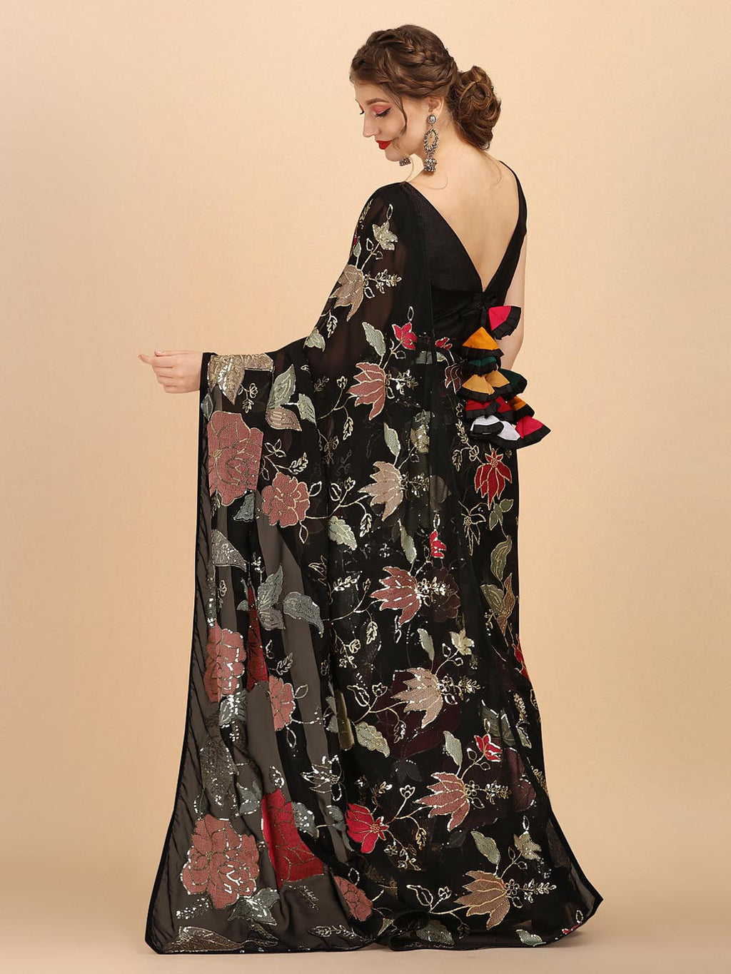 Sangria Black & Red Floral Sequinned Pure Georgette Saree - Distacart
