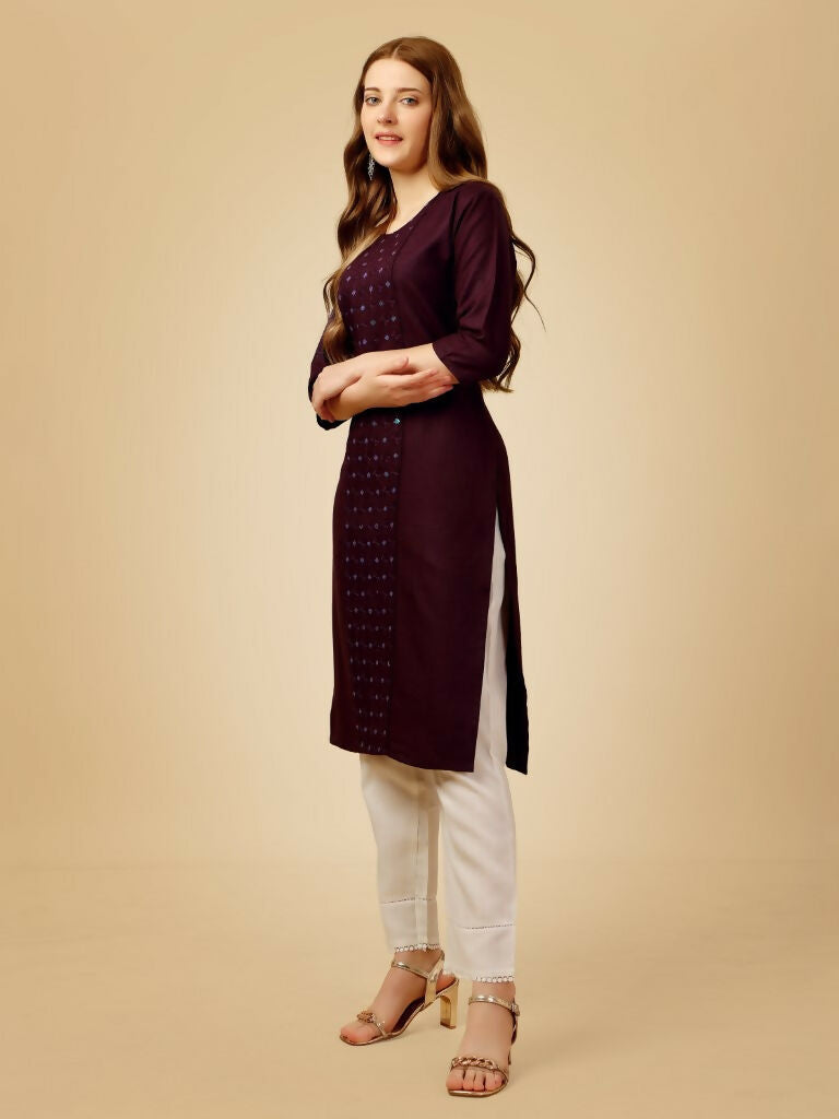 Jyoti Fashion Women's Wine Cotton Blend Embroidered Kurta Pant Set