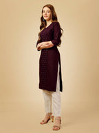 Jyoti Fashion Women's Wine Cotton Blend Embroidered Kurta Pant Set