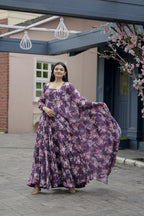 Aayaa Designer Printed Georgette Full Flare Gown With Dupatta - Multi Color - Distacart