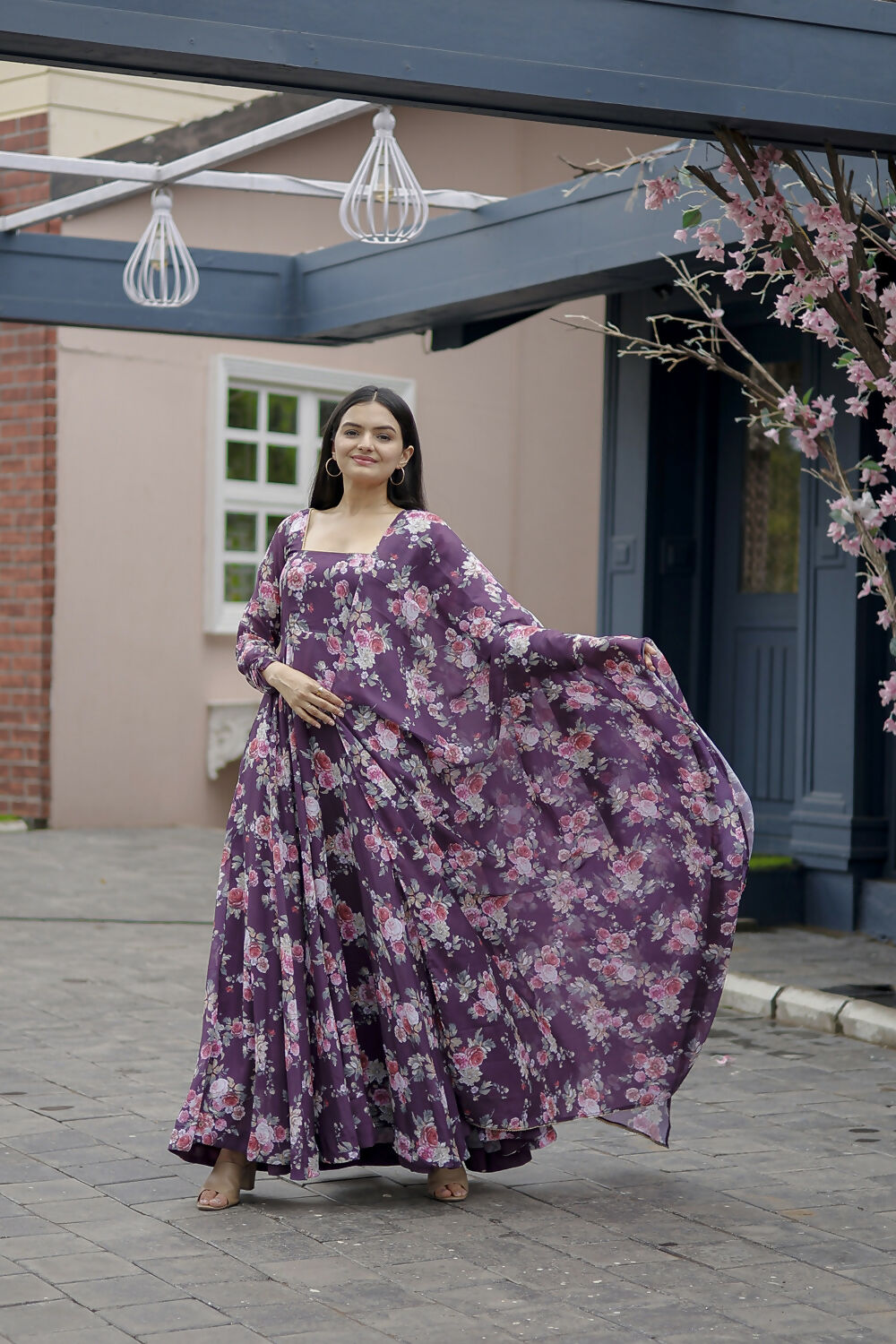 Aayaa Designer Printed Georgette Full Flare Gown With Dupatta - Multi Color - Distacart