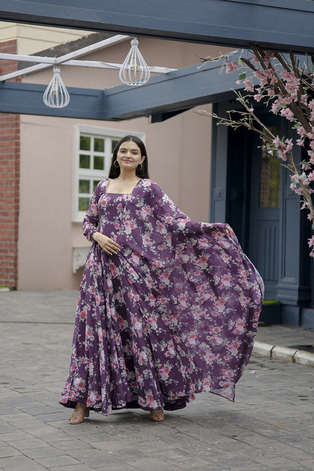 Aayaa Designer Printed Georgette Full Flare Gown With Dupatta - Multi Color