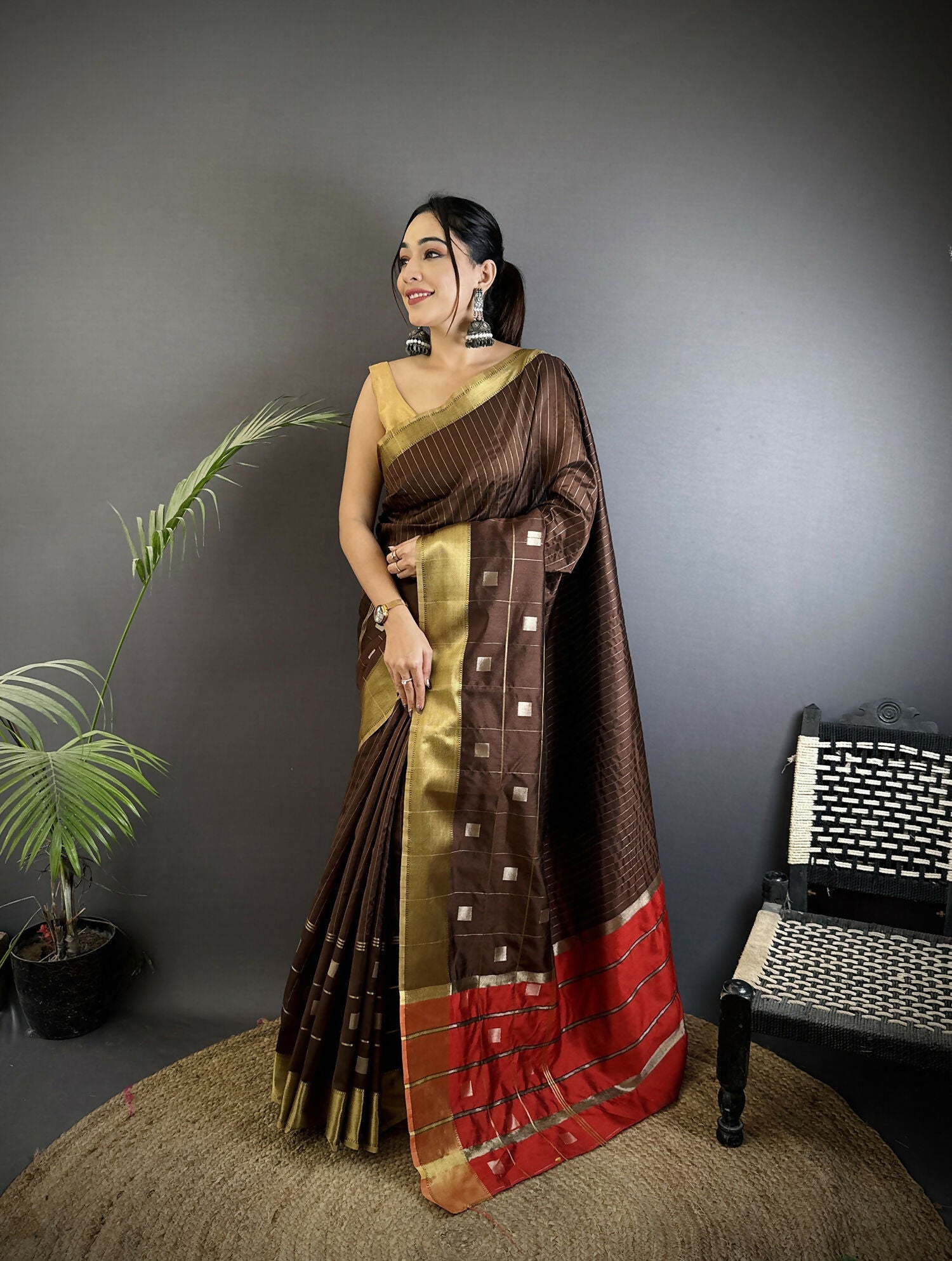 Joban Fashion Chocolate Brown Bhagalpuri Cotton Silk Stripes/Box Saree - Distacart
