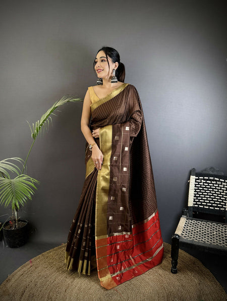 Joban Fashion Chocolate Brown Bhagalpuri Cotton Silk Stripes/Box Saree
