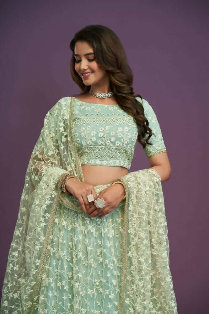 Pista Green Soft Net Thread Sequence Embroidery Work Lehenga Choli - Jihu Culture
