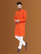 Even Apparels Men's Pure Cotton Orange Striped Kurta