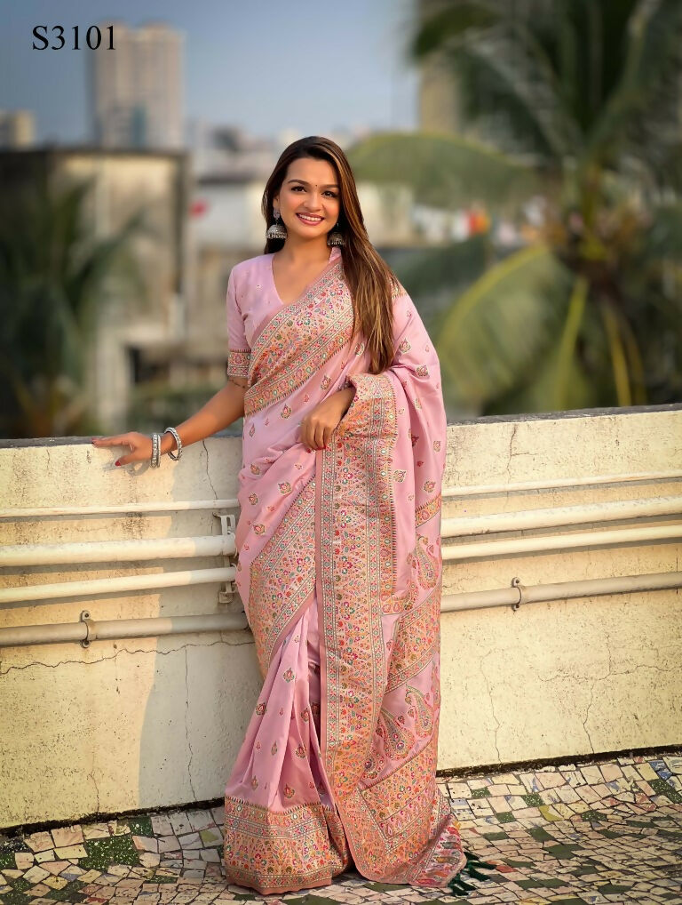 Pink Pashmina Silk Wevon Kashmiri Meenakari Designer Saree with Unstitched Blouse - Vandini
