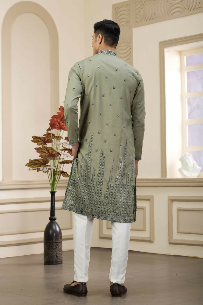 Raivat Ethnic Art Silk Thread Work Kurta Pajama In Green Colour
