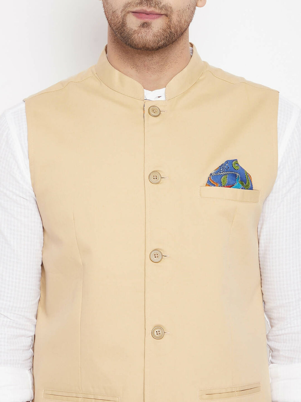 Even Apparels Beige Polyester Men's Nehru Jacket-Contrast Lining-Inbuilt Pocket Square - Distacart