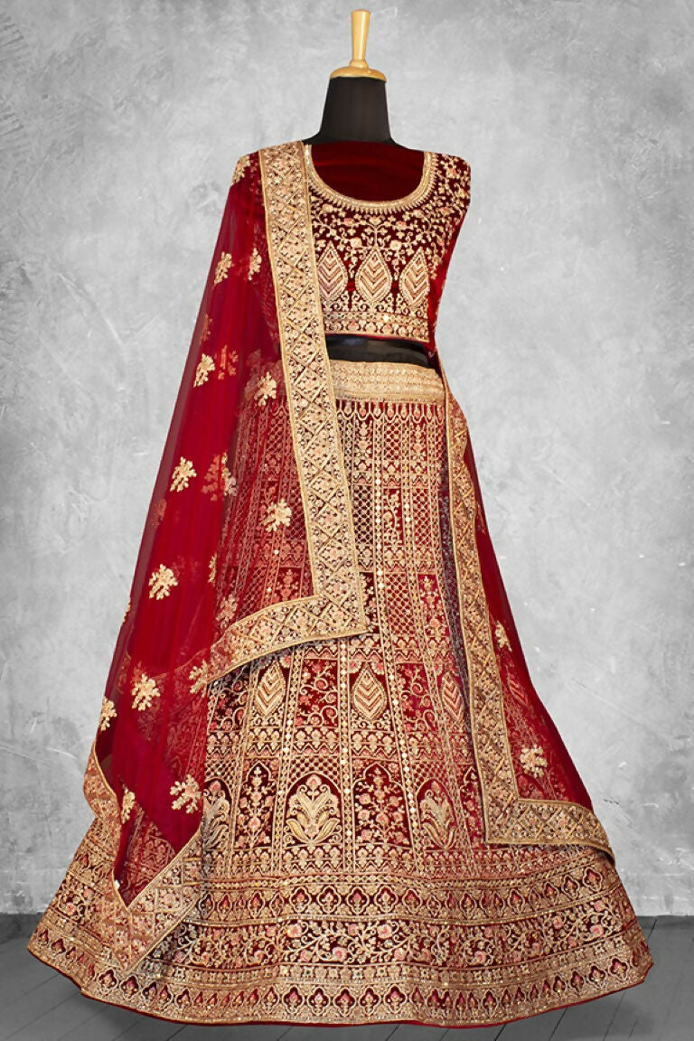 Red Velvet Thread with Hand Work Semi Stitched Lehenga Choli with Dupatta - Nimaya Lagnotsav