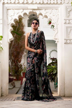 Vastranavya Black Lurex Brasso Floral Printed Saree with Unstitched Blouse - Distacart