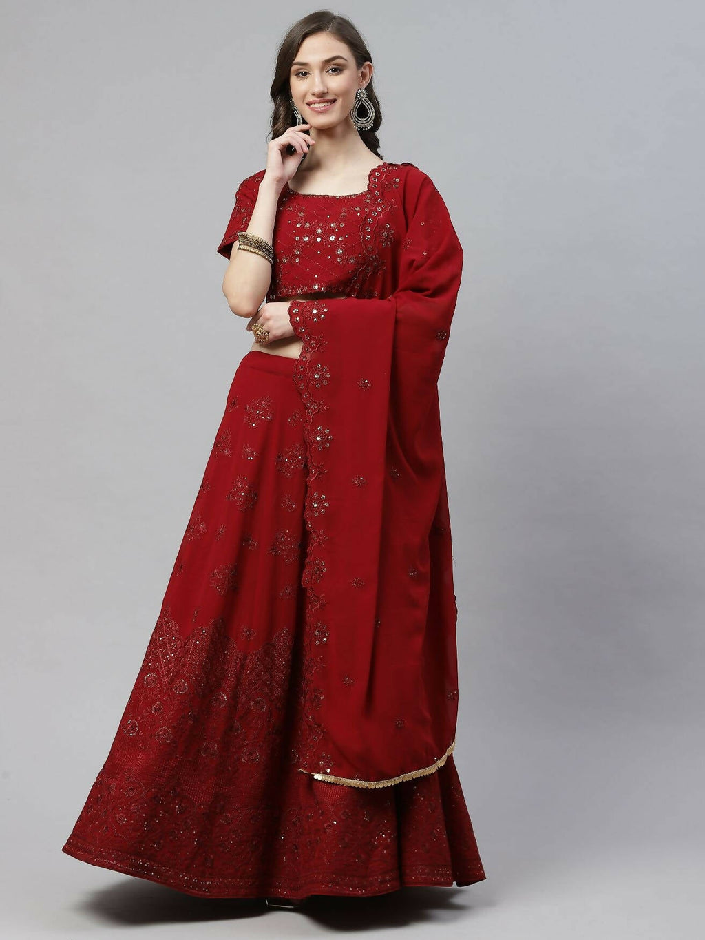 Maroon Georgette Thread with Sequins Embroidered work Lehenga Choli with Dupatta - Jivika