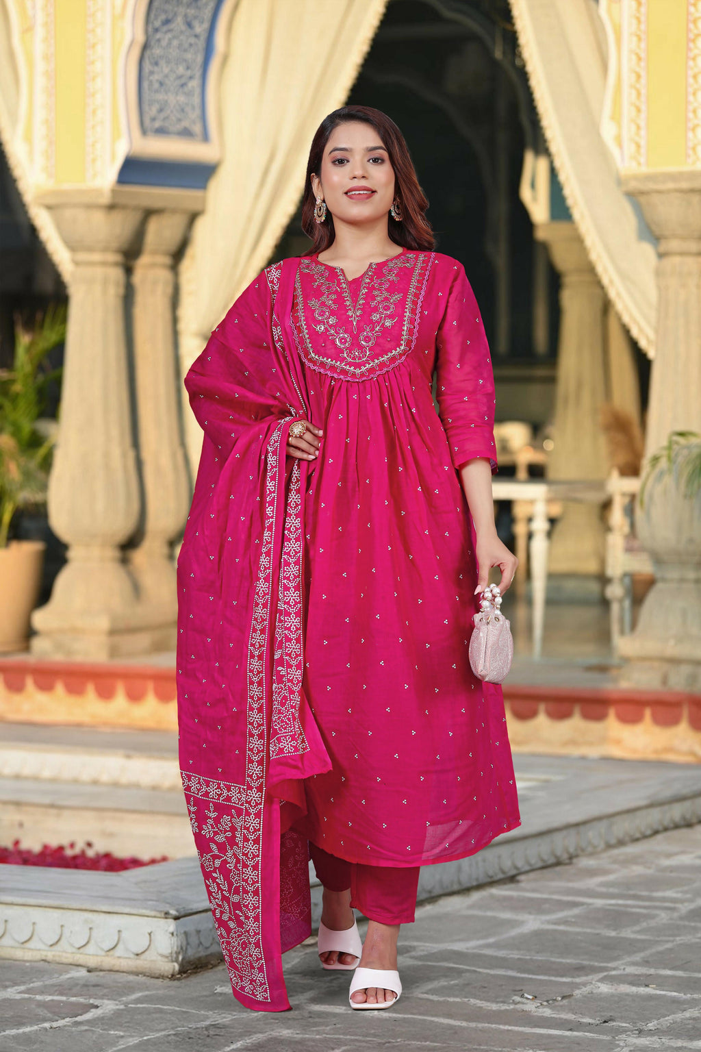 The52 Women's Beautiful Cotton Fabric Embroidery Work Straight Kurta Pant and Dupatta Set - Distacart