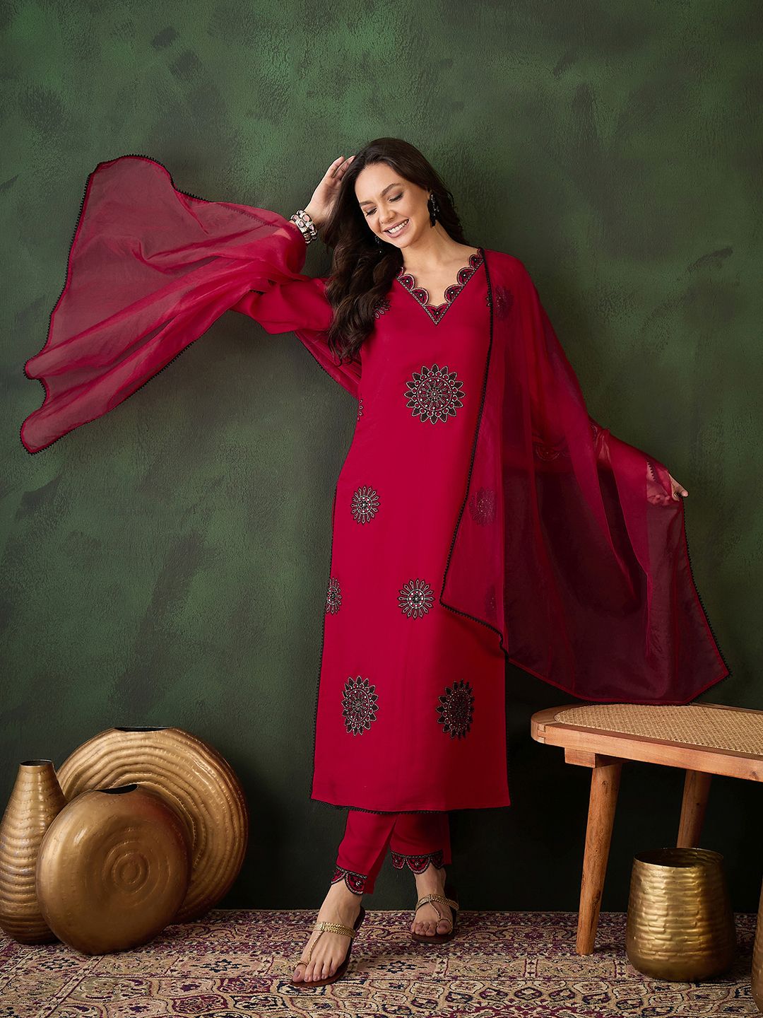 Sangria Zari Sequence Embroidered Kurta & Trouser With Dupatta
