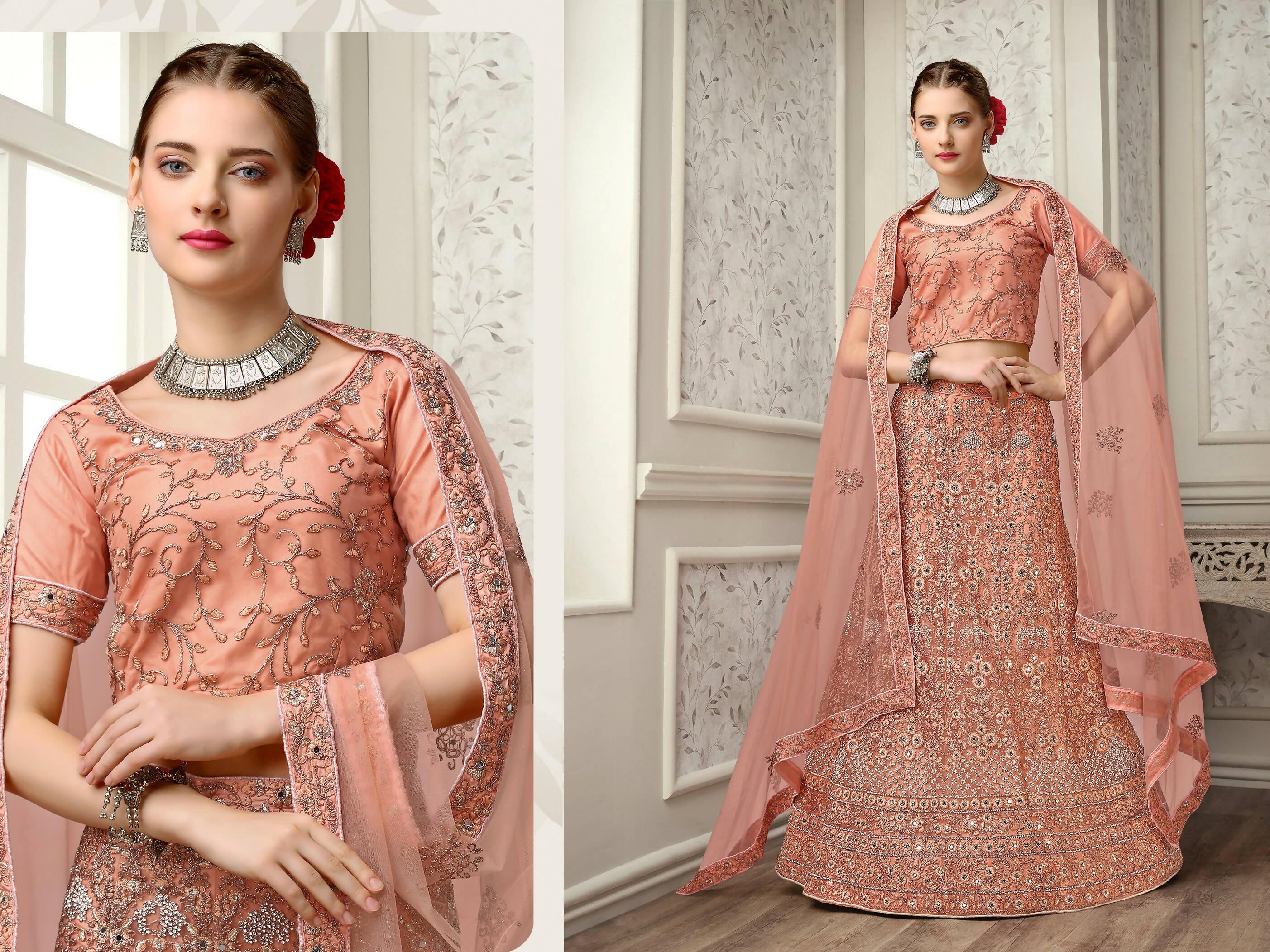 Peach Net Fancy Zari Embroidered work Lehenga Choli with Dupatta - Heer