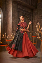 Orange Cotton Thread Embroidered Navratri Lehenga Choli with Dupatta - Raas