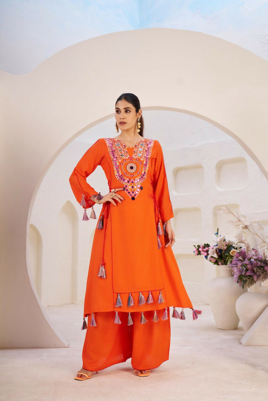 The52 Women's Gorgeous Rayon Fabric Thread Work Straight Kurta Palazzo Set - Distacart