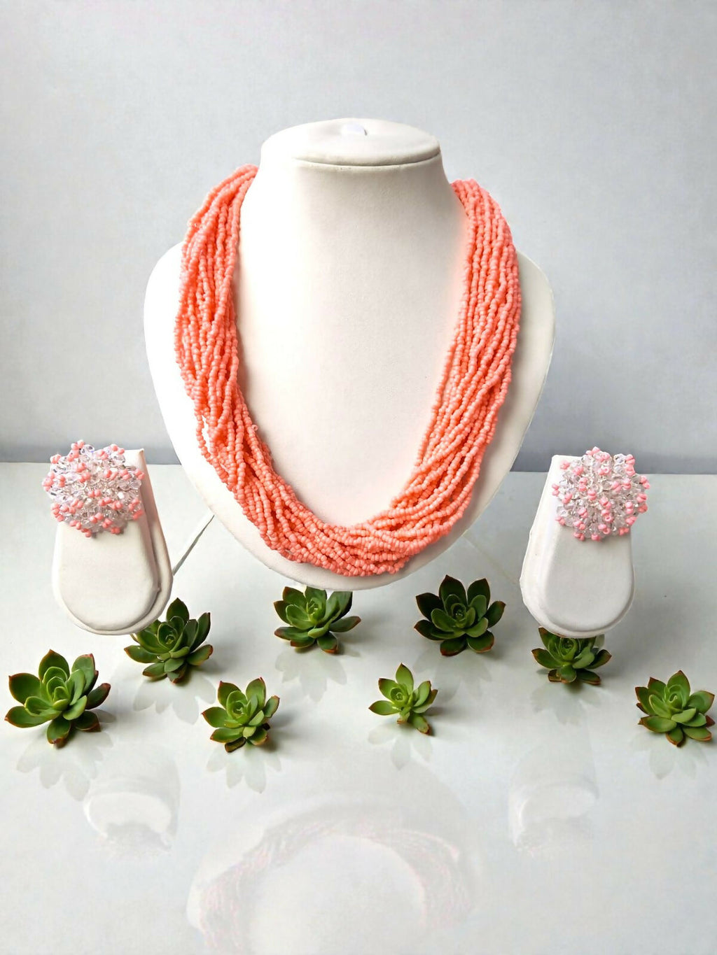 Inhanns Vibrant Handmade 20 Layers Beaded Necklace With Matching Earrings - Light Peach