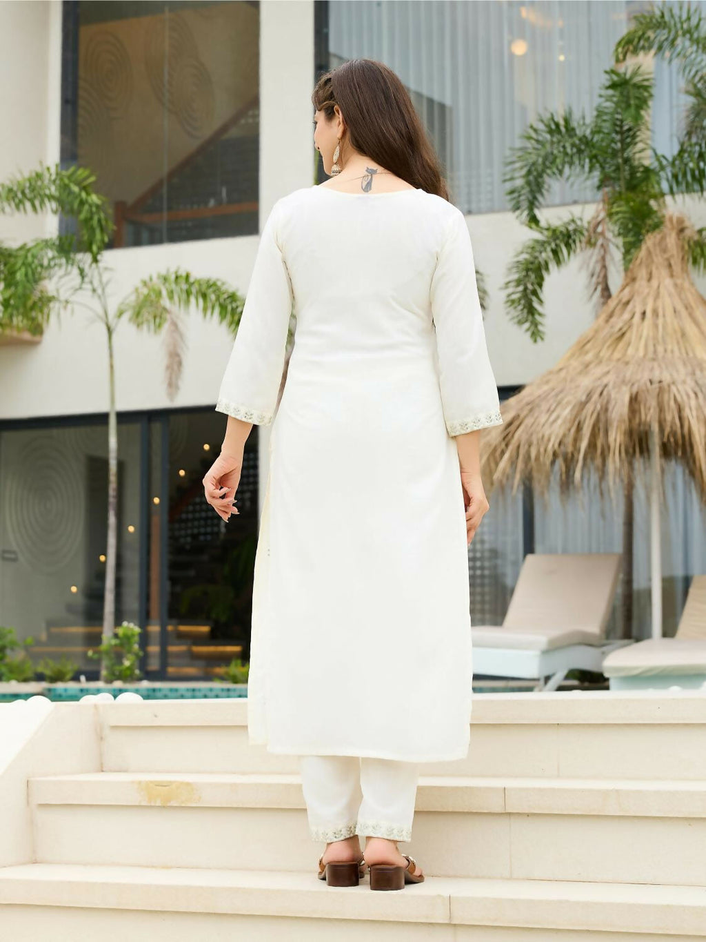 The52 White Women's Beautiful Rayon Slub Fabric Embroidered Work Straight Kurta, Pant and Dupatta Set - Distacart