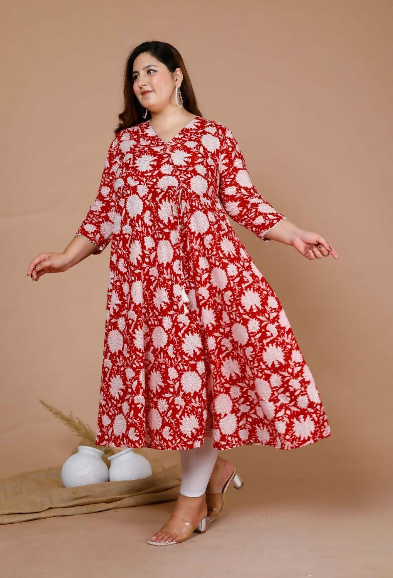 Miravan Women's Plus Size Pure Cotton Floral Printed Anarkali Kurta