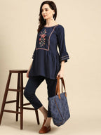 Women's Navy Blue Viscose blend Embroidered Short Top - Marina