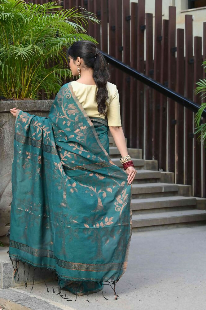 Beatitude Green Cotton Floral Jamdani Saree