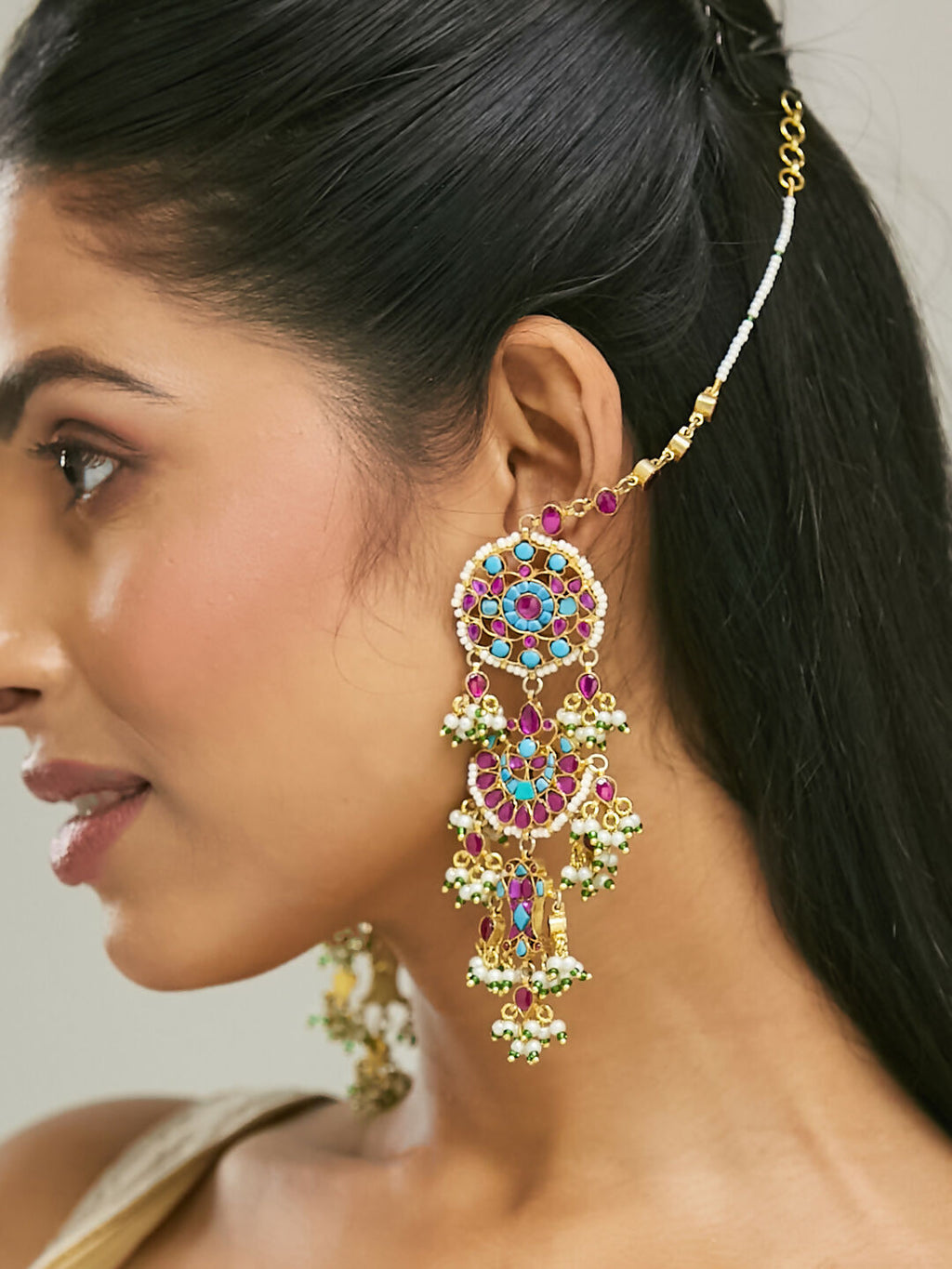 Nuyug 22K Gold-Plated Kundan Studded & Pearl Beaded Crescent Shaped Kanauti Earrings - Distacart
