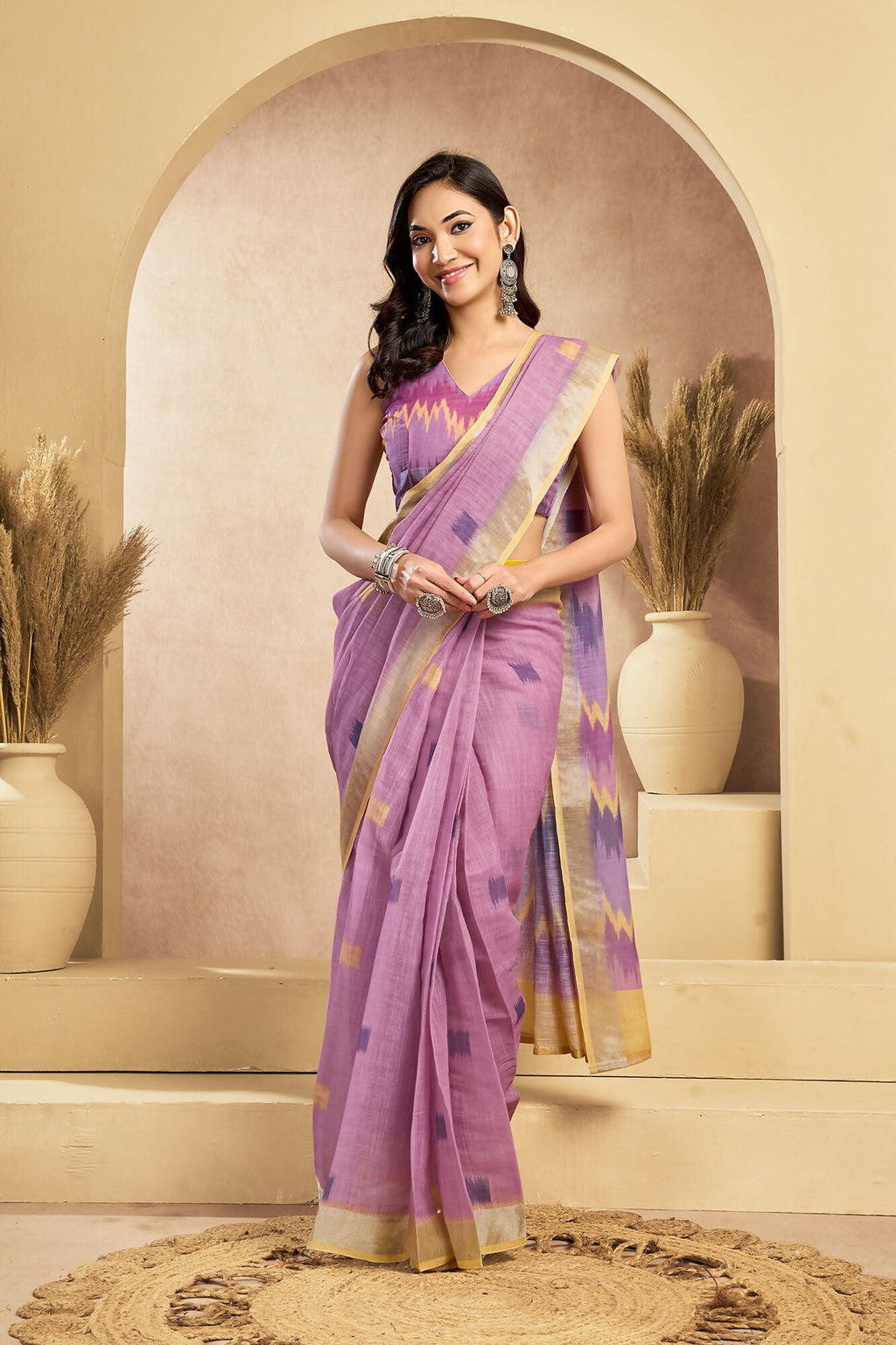 Vastranavya Onion Pink Digital Printed Linen Ready To Wear Pocket Saree with Unstitched Blouse - Distacart