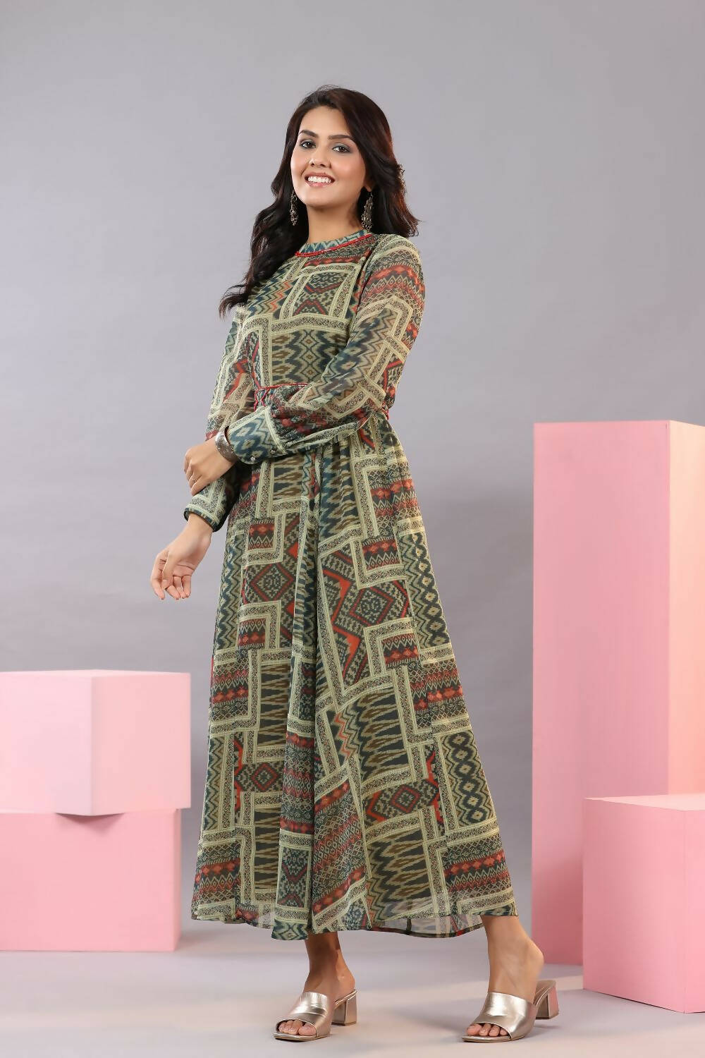Juniper Women Green Chiffon Printed Maxi Dress - Distacart