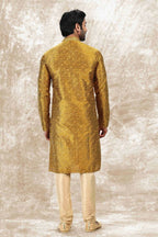 Raivat Ethnic Jacquard Silk Brocade Mirror and Thread Work Kurta Pajama In Golden Colour