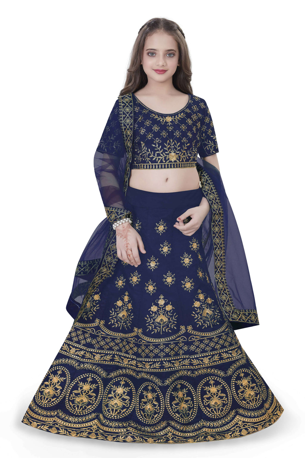 Dwiden Navy Blue Lehriyu Tafetta Sattin Semi-Stitched Girl's Lehenga Choli