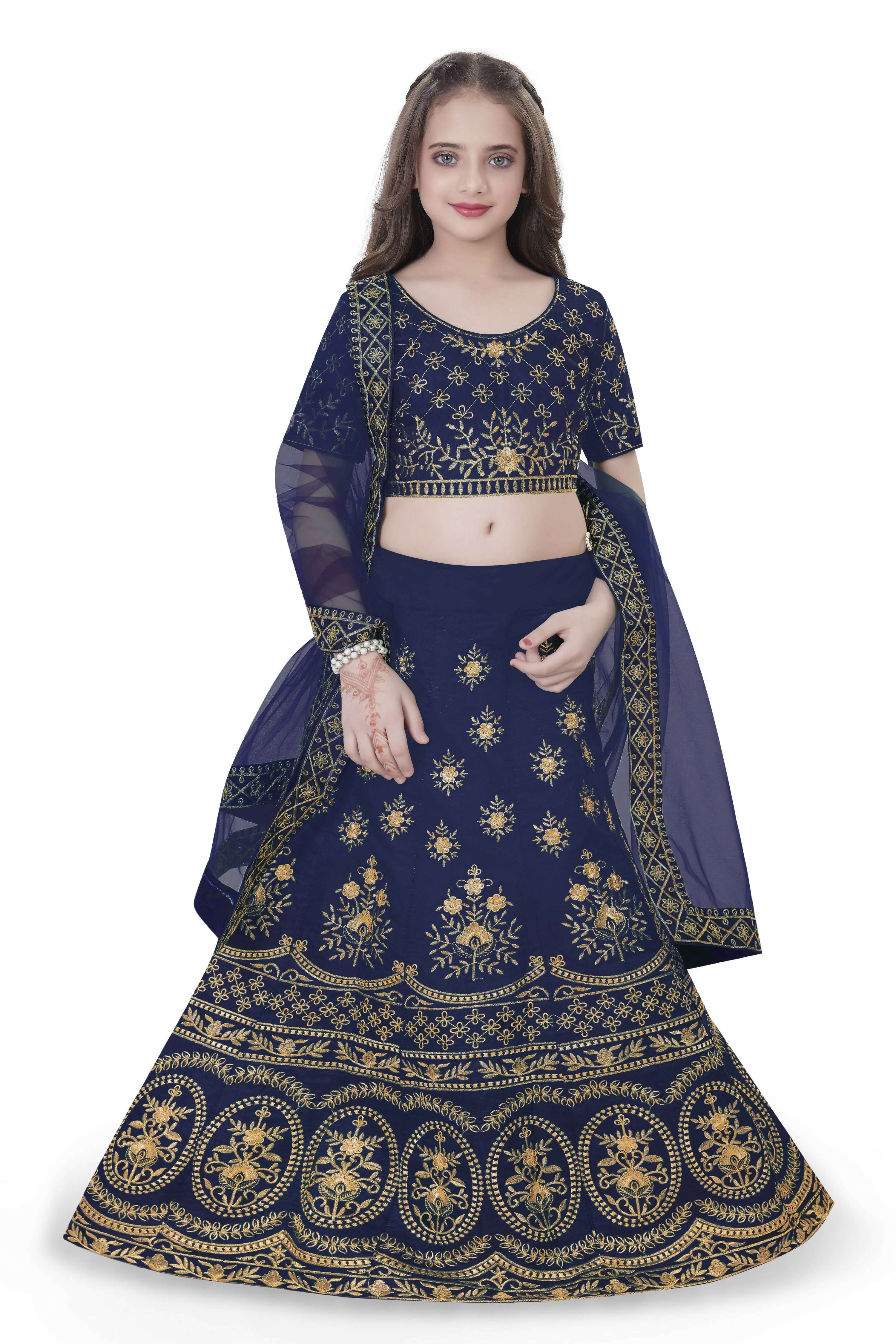 Dwiden Navy Blue Lehriyu Tafetta Sattin Semi-Stitched Girl's Lehenga Choli